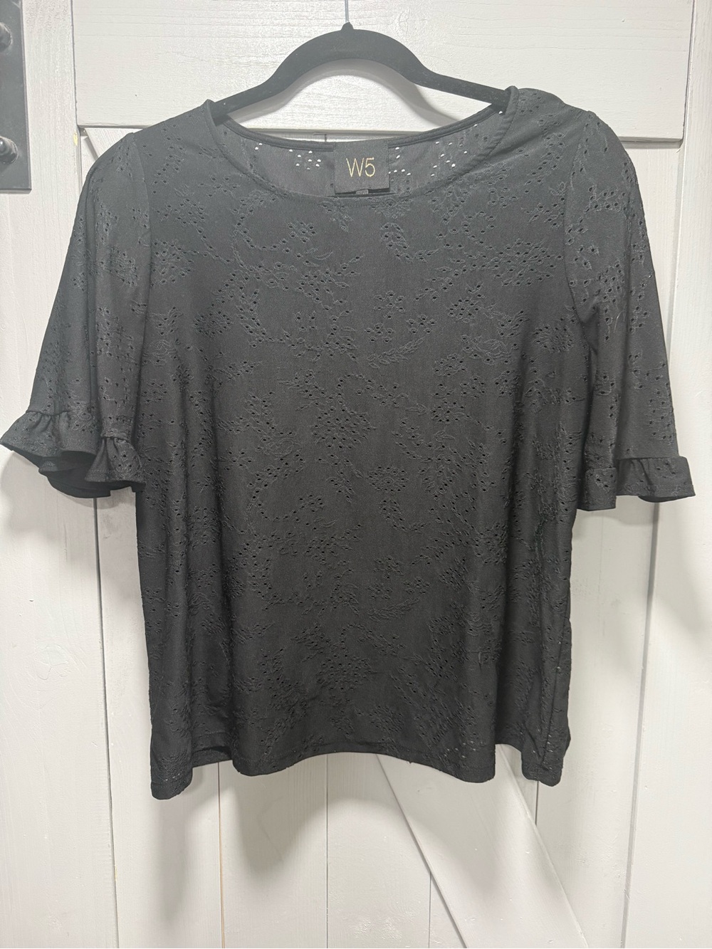 W5 Black Eyelet Ruffle Sleeve Short-Sleeve Top